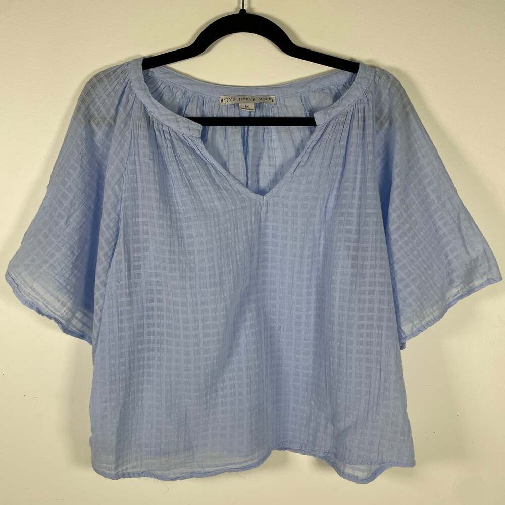 Hyfve Light Blue Semi-Sheer Jacquard Flutter Sleeve V-Neck Blouse Sz M